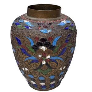 Antique 1800s Champleve  Japanese Cloisonne Enamel Vase Floral Design Bronze 4"